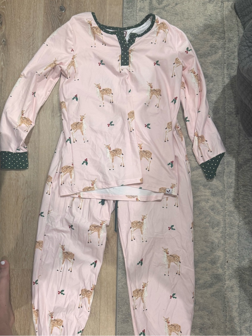 SweetHoney Pink Fawn Print Pajama Set with Green Trim